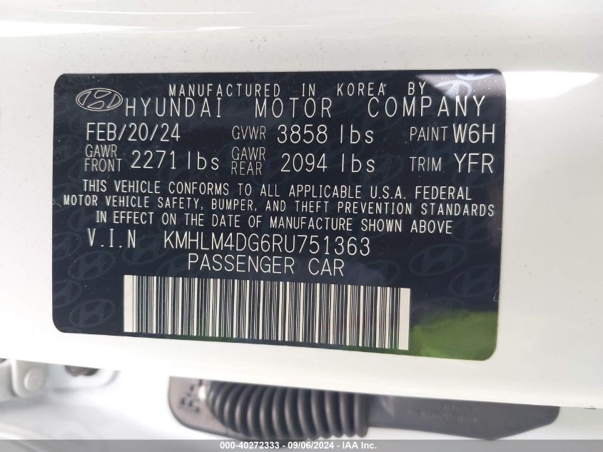 2024 Hyundai Elantra Sel VIN: KMHLM4DG6RU751363 Lot: 40272333