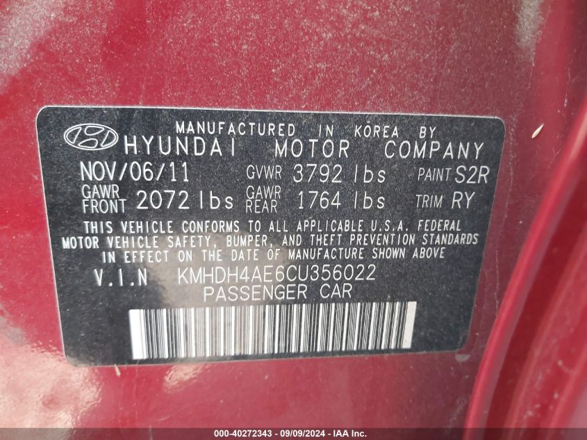 2012 Hyundai Elantra Limited (Ulsan Plant) VIN: KMHDH4AE6CU356022 Lot: 40272343