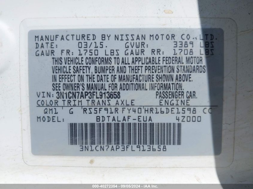 3N1CN7AP3FL913658 2015 Nissan Versa 1.6 S