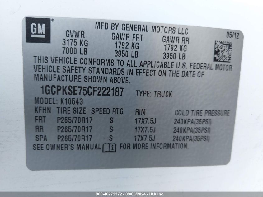 1GCPKSE75CF222187 2012 Chevrolet Silverado K1500 Lt