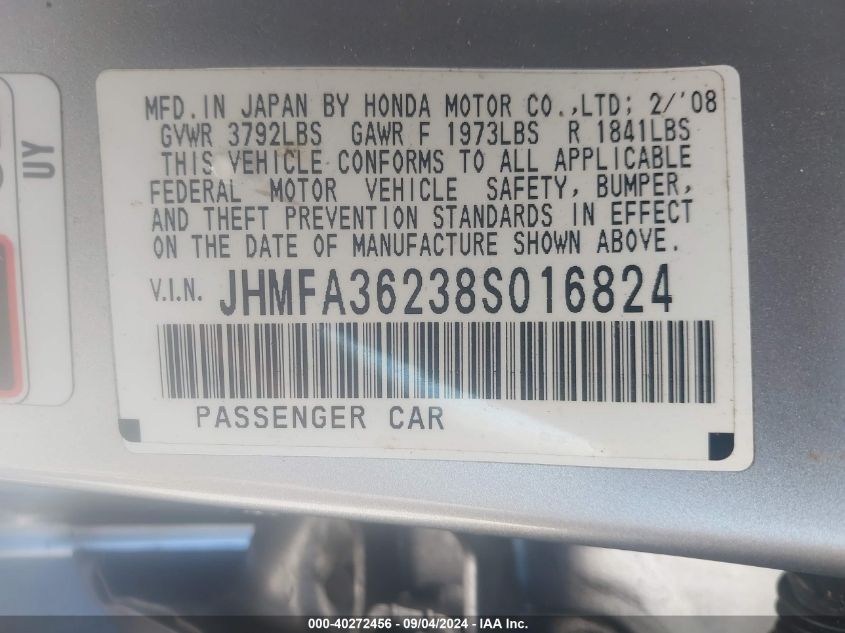 2008 Honda Civic Hybrid VIN: JHMFA36238S016824 Lot: 40272456