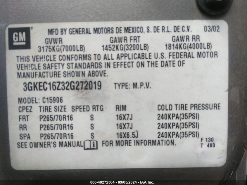 3GKEC16Z32G272019 2002 GMC Yukon Xl 1500 Slt