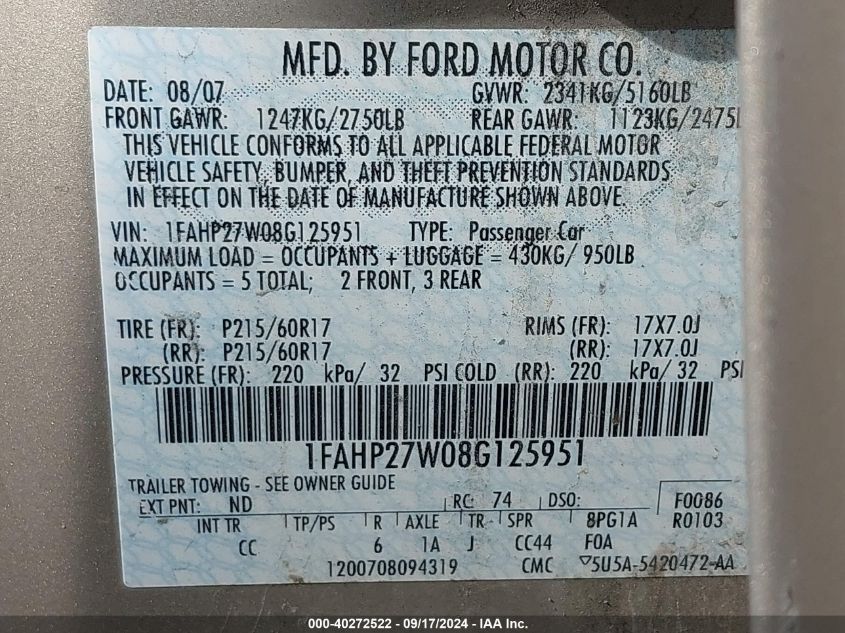 2008 Ford Taurus Sel VIN: 1FAHP27W08G125951 Lot: 40272522