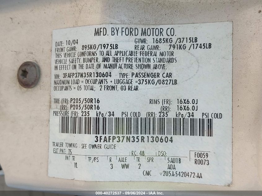 2005 Ford Focus Zx5 VIN: 3FAFP37N35R130604 Lot: 40272537