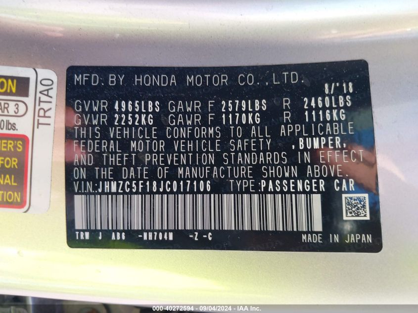 JHMZC5F18JC017106 2018 Honda Clarity Plug-In Hybrid