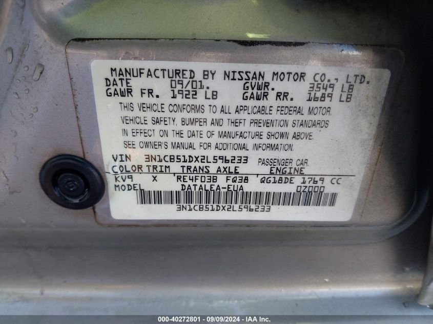 2002 Nissan Sentra Gxe VIN: 3N1CB51DX2L596233 Lot: 40272801