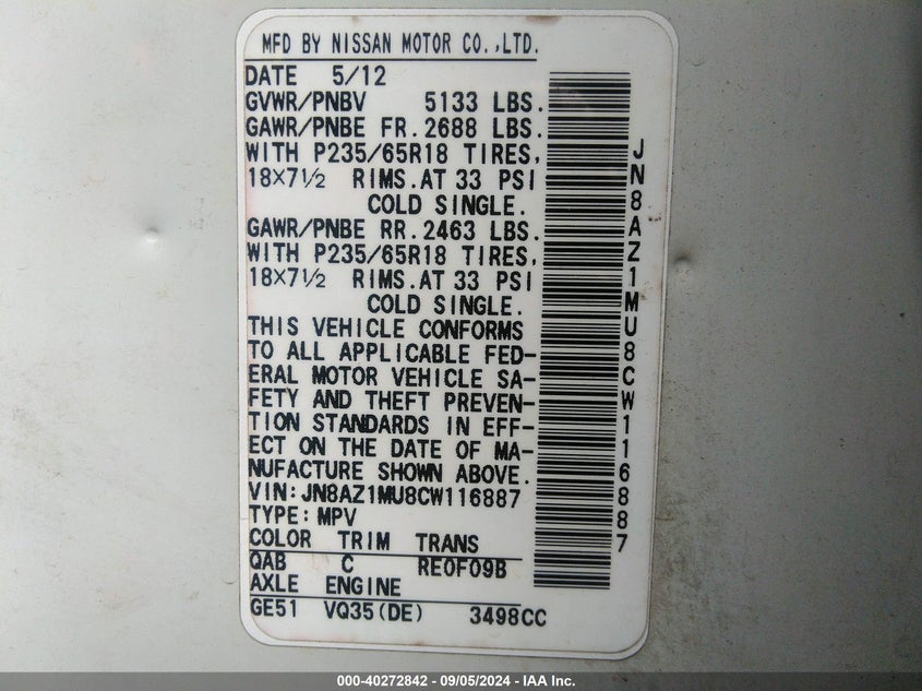 2012 Nissan Murano S VIN: JN8AZ1MU8CW116887 Lot: 40272842