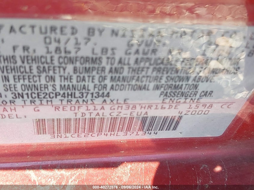 VIN 3N1CE2CP4HL371344 2017 NISSAN VERSA NOTE S PLUS
