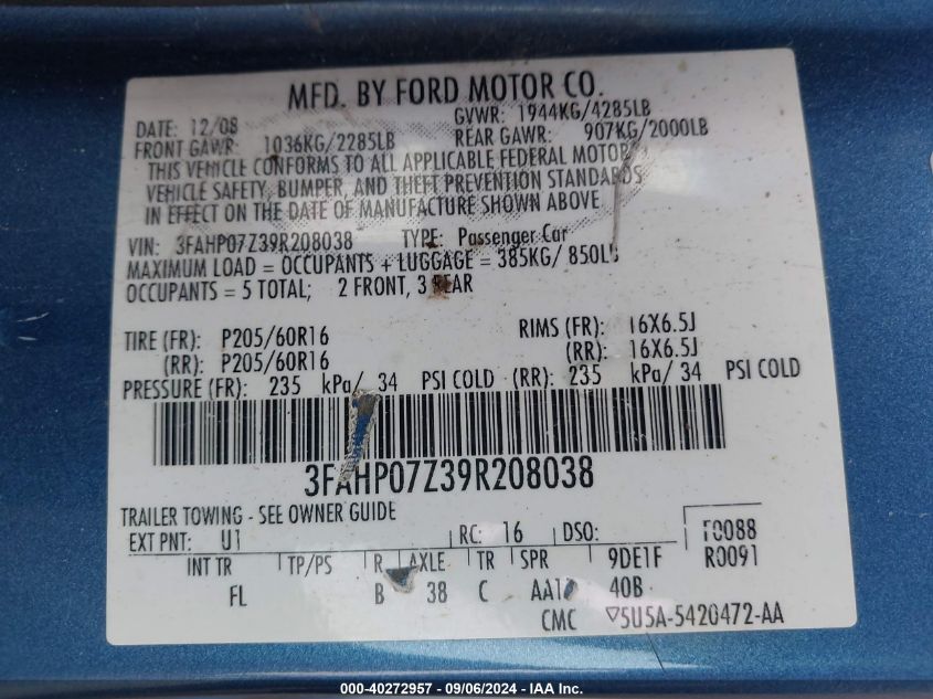 2009 Ford Fusion Se VIN: 3FAHP07Z39R208038 Lot: 40272957