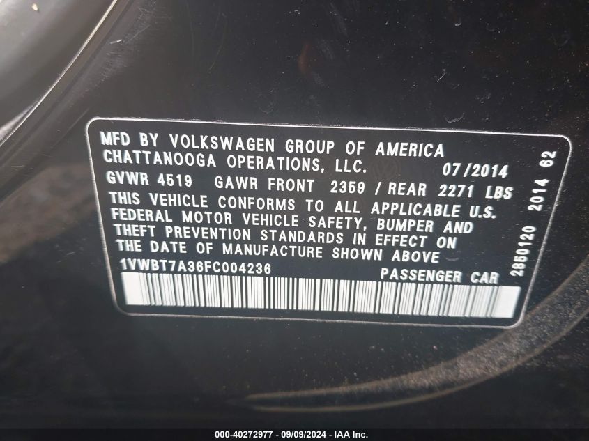 1VWBT7A36FC004236 2015 Volkswagen Passat 1.8T Se