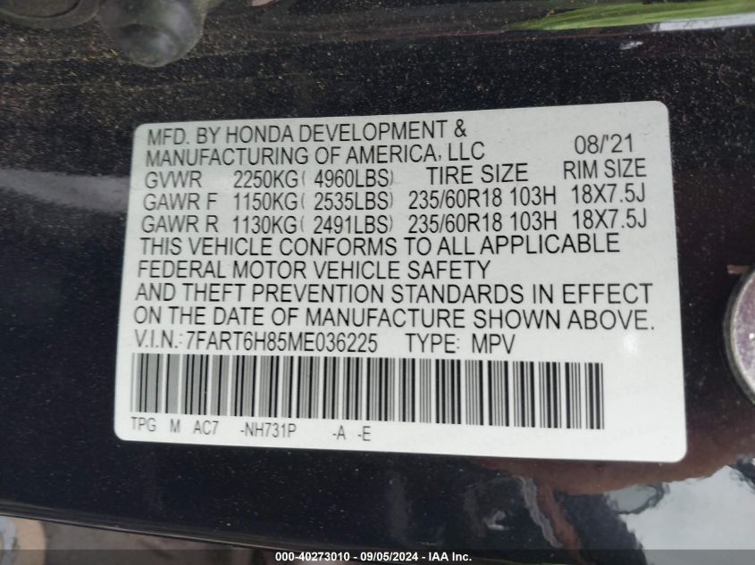 2021 Honda Cr-V Exl VIN: 7FART6H85ME036225 Lot: 40273010