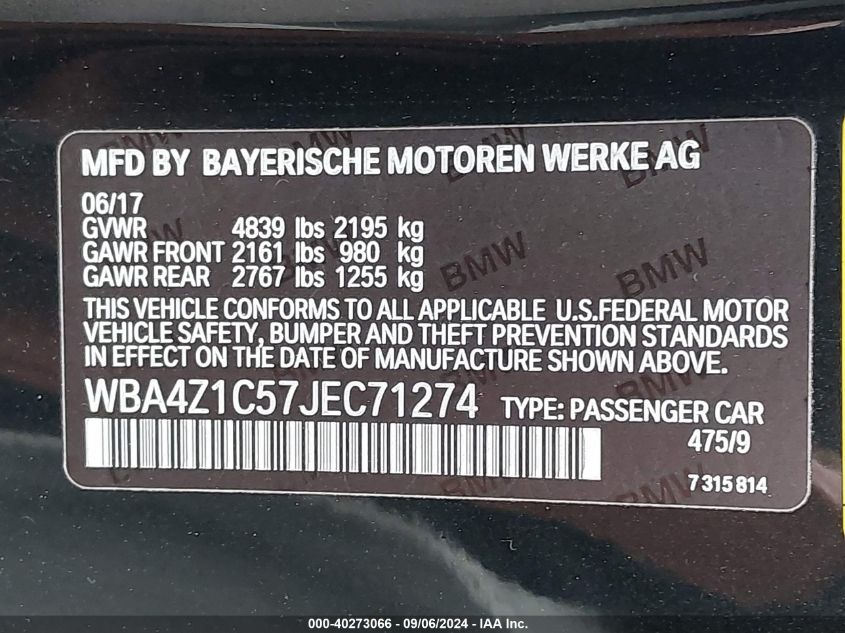 2018 BMW 430I VIN: WBA4Z1C57JEC71274 Lot: 40273066