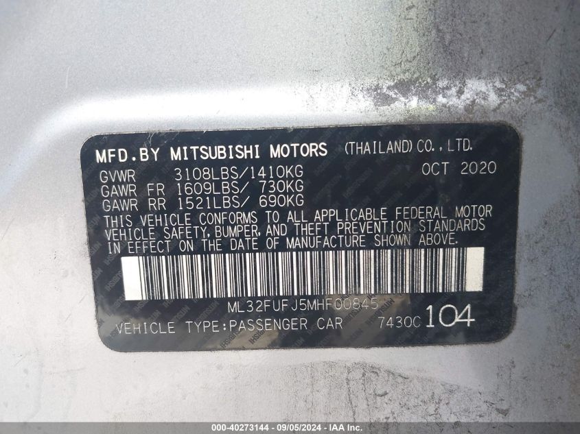 ML32FUFJ5MHF00845 2021 Mitsubishi Mirage G4 Carbonite Edition/Es/Le