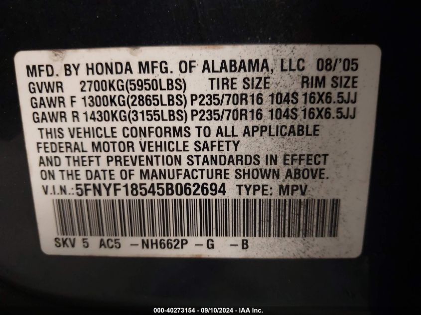 2005 Honda Pilot Ex-L VIN: 5FNYF18545B062694 Lot: 40273154