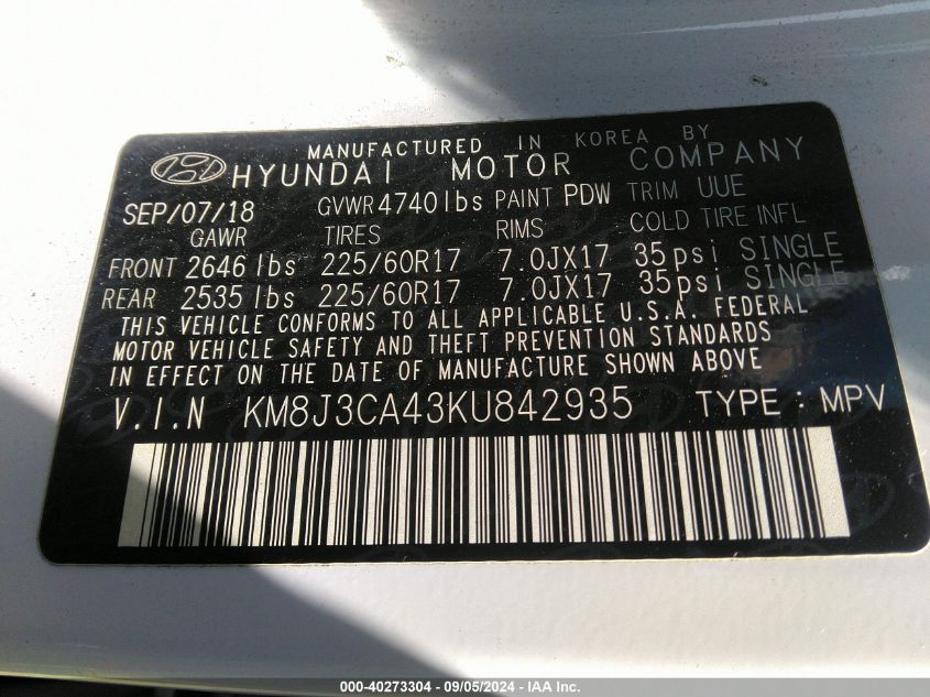 KM8J3CA43KU842935 2019 Hyundai Tucson Limited/Sel/Sport/Ultimat