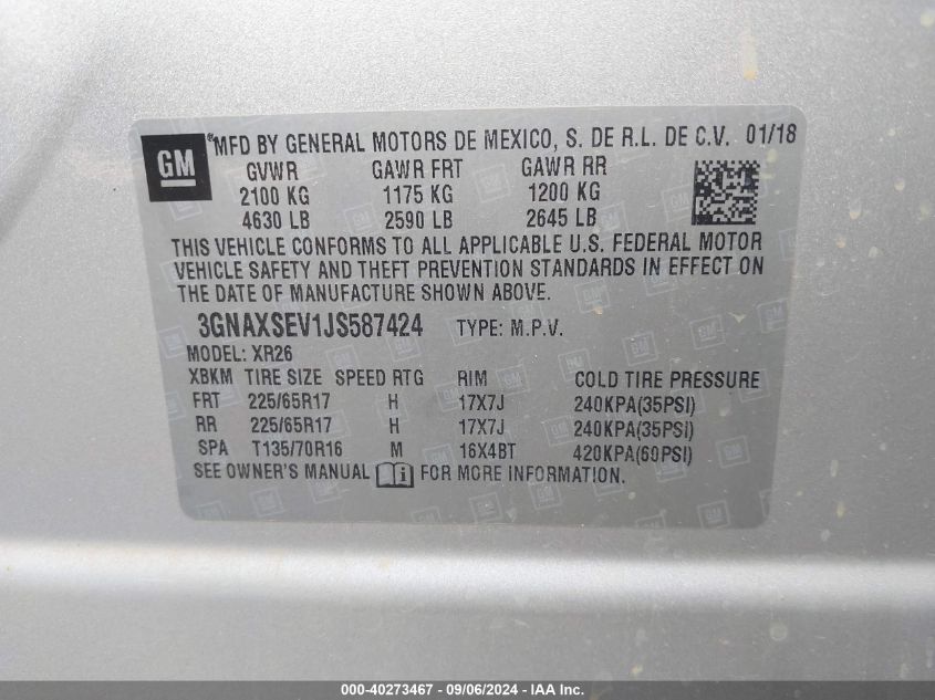 3GNAXSEV1JS587424 2018 Chevrolet Equinox Lt