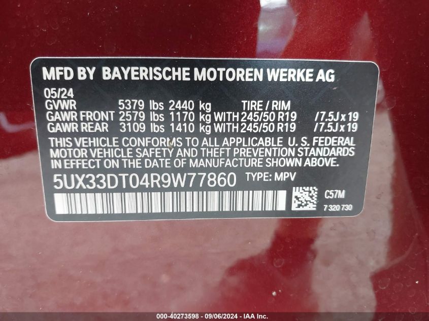 5UX33DT04R9W77860 2024 BMW X4 xDrive30I