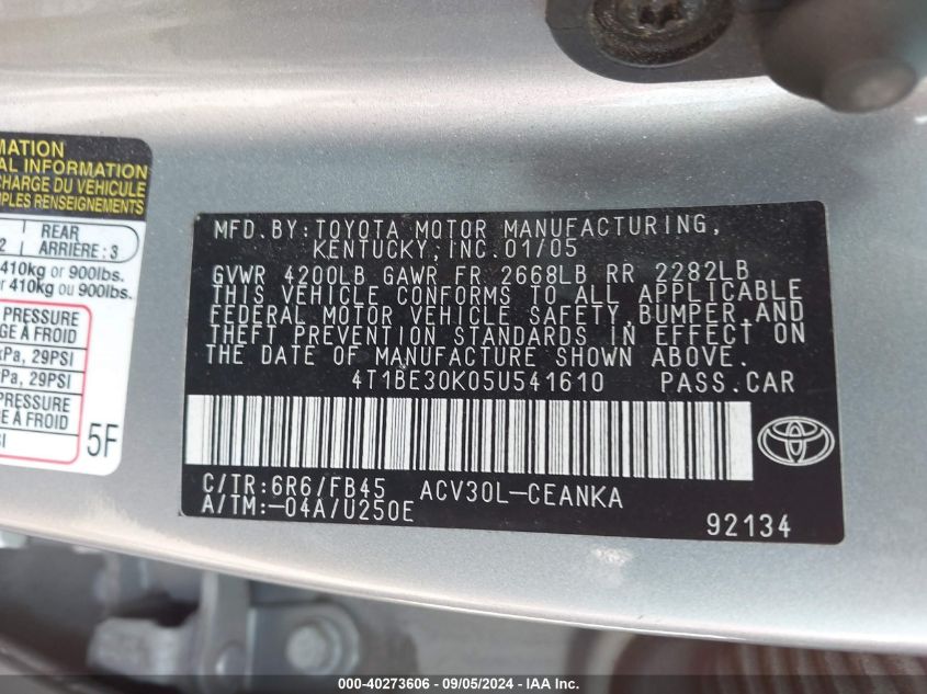 4T1BE30K05U541610 2005 Toyota Camry Le/Xle/Se