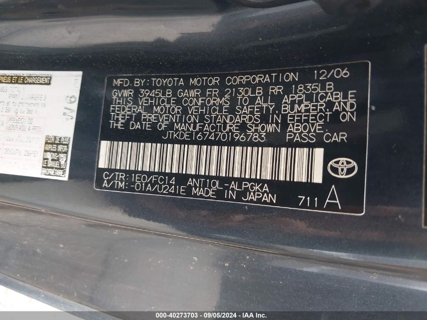 2007 Scion Tc VIN: JTKDE167470196783 Lot: 40273703