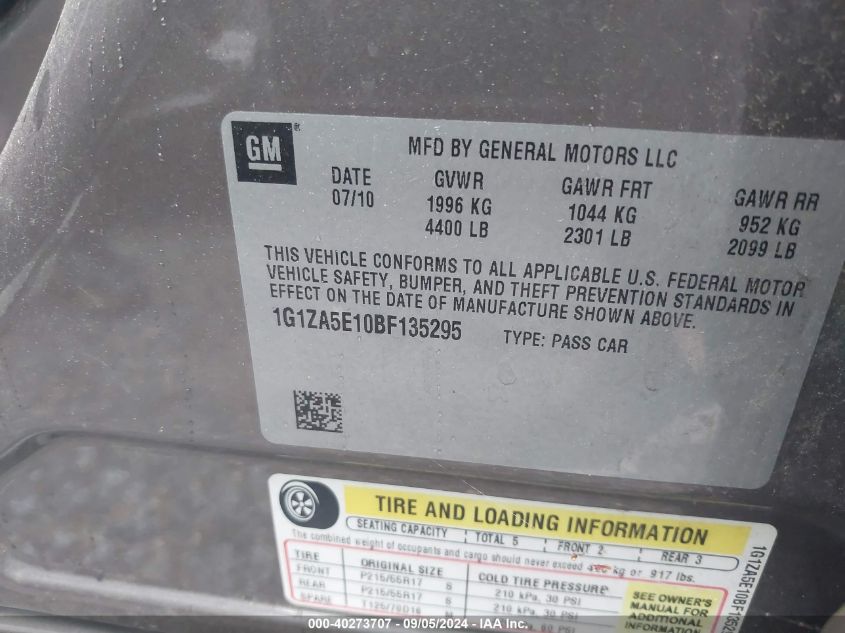 1G1ZA5E10BF135295 2011 Chevrolet Malibu Ls