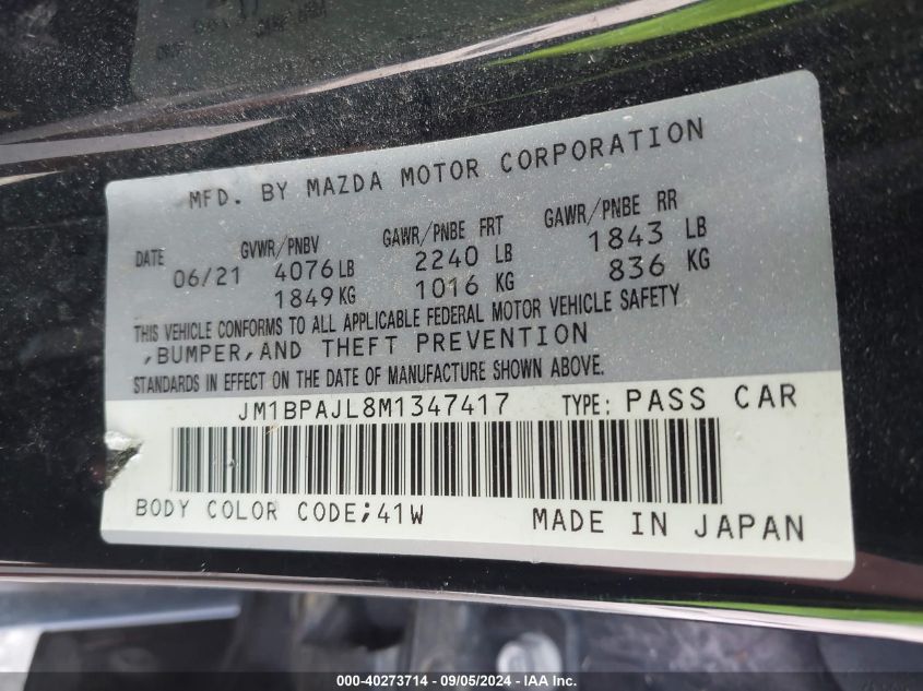 2021 Mazda 3 VIN: JM1BPAJL8M1347417 Lot: 40273714