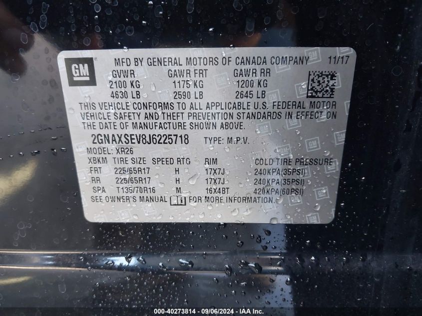 2GNAXSEV8J6225718 2018 Chevrolet Equinox Lt