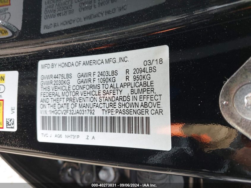 1HGCV2F32JA031792 2018 Honda Accord Sport 2.0T