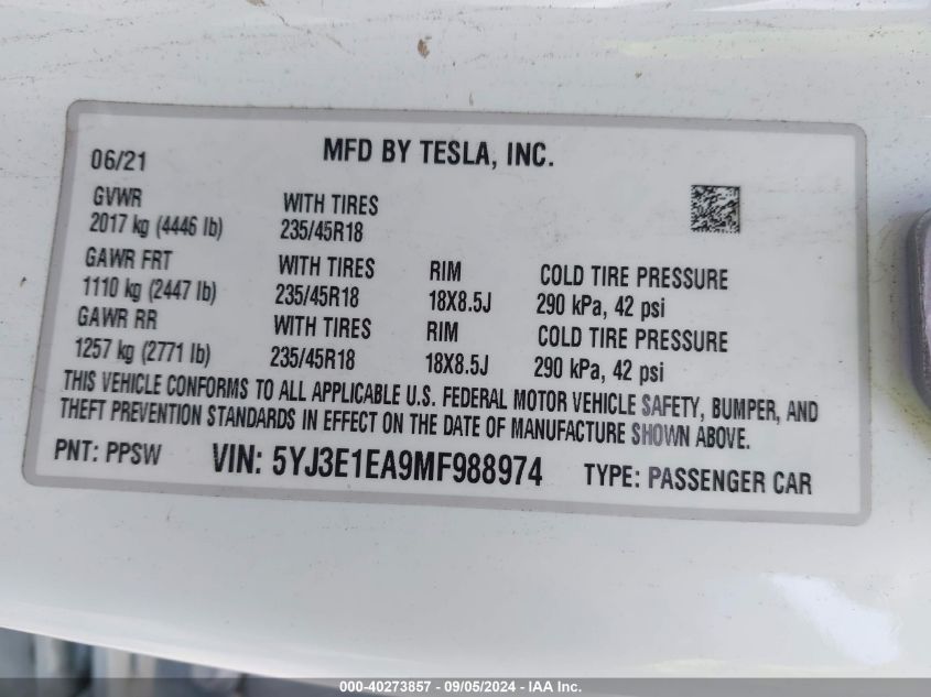 2021 Tesla Model 3 VIN: 5YJ3E1EA9MF988974 Lot: 40273857