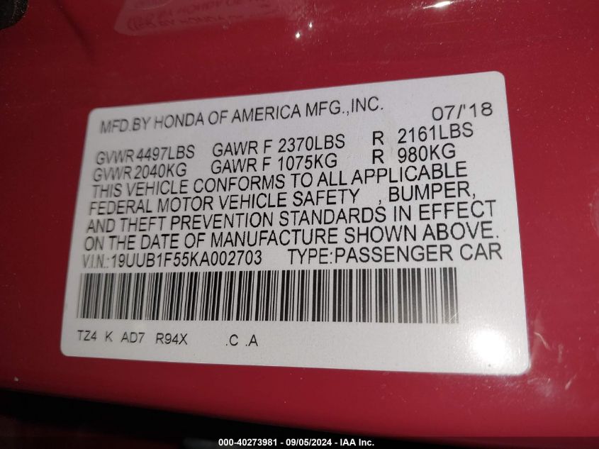 19UUB1F55KA002703 2019 Acura Tlx Tech Pkg