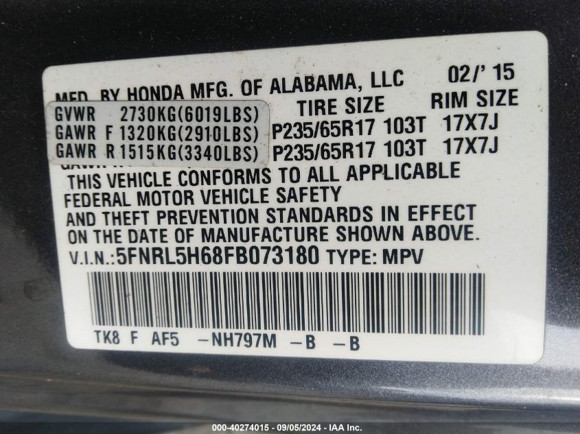 VIN 5FNRL5H68FB073180 2015 HONDA ODYSSEY no.9