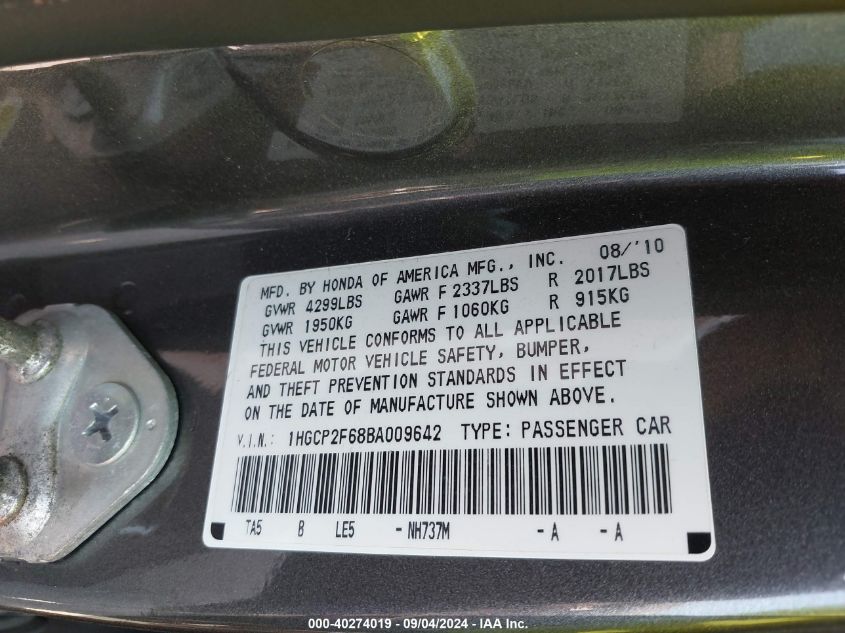 2011 Honda Accord 2.4 Se VIN: 1HGCP2F68BA009642 Lot: 40274019