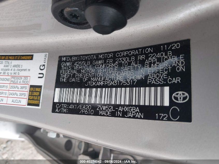 2021 TOYOTA PRIUS PRIME XLE - JTDKAMFP5M3175317