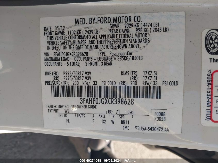 2012 Ford Fusion Sel VIN: 3FAHP0JGXCR398628 Lot: 40274068