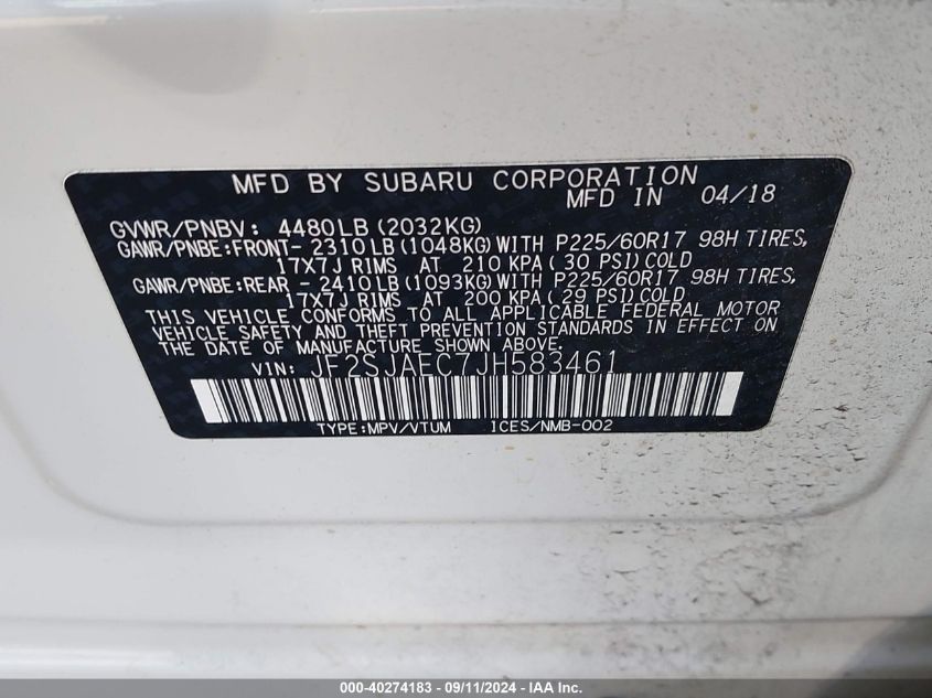 2018 Subaru Forester 2.5I Premium VIN: JF2SJAEC7JH583461 Lot: 40274183