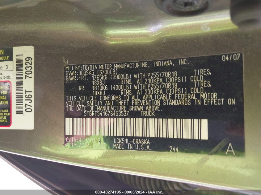 5TBRT54167S453537 2007 Toyota Tundra Sr5 4.7L V8