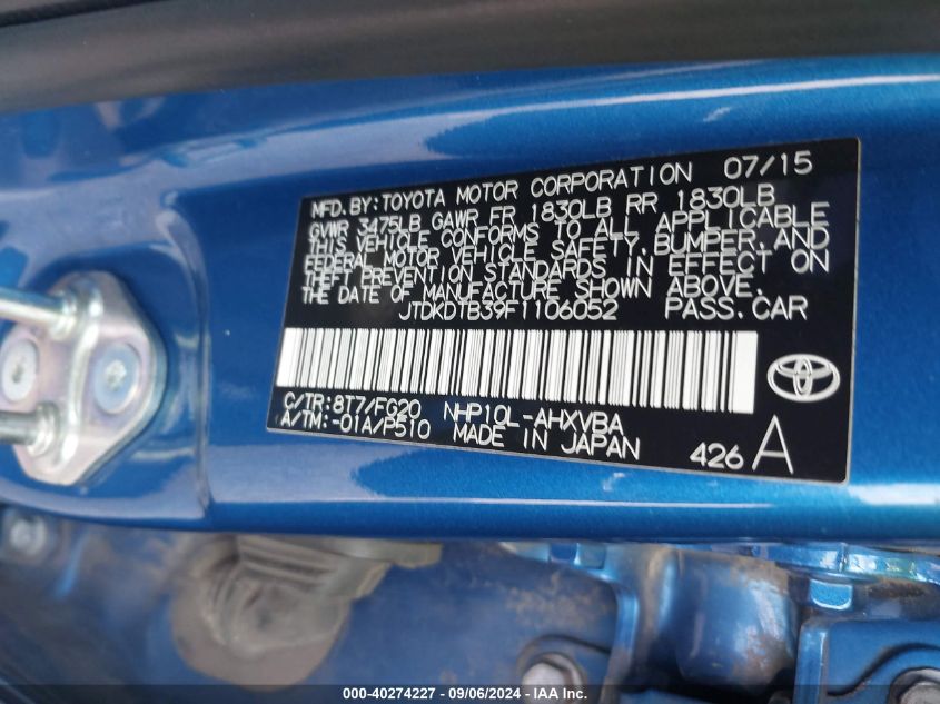 JTDKDTB39F1106052 2015 Toyota Prius C Two