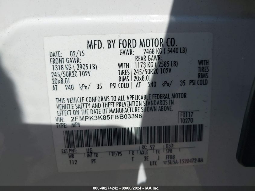 2FMPK3K85FBB03396 2015 Ford Edge Titanium