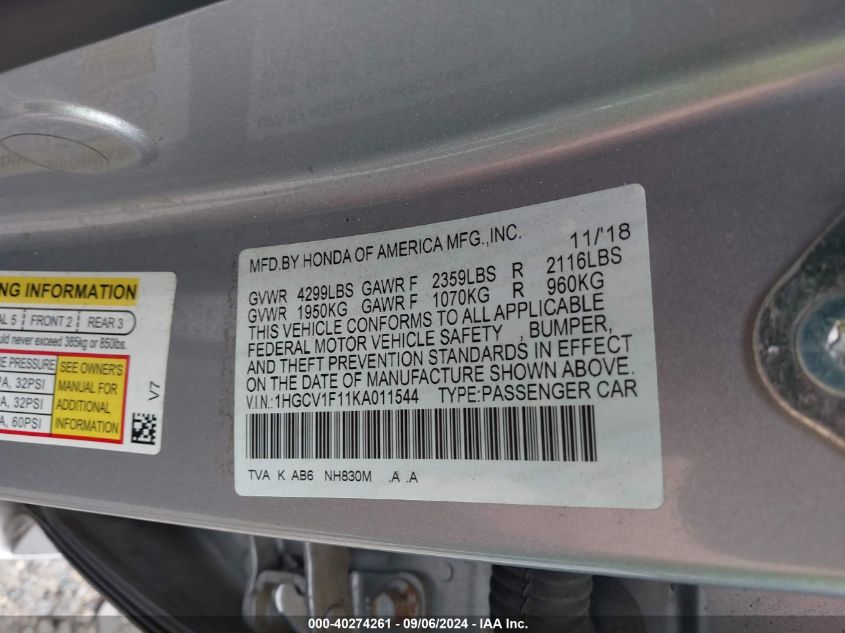 1HGCV1F11KA011544 2019 Honda Accord Lx