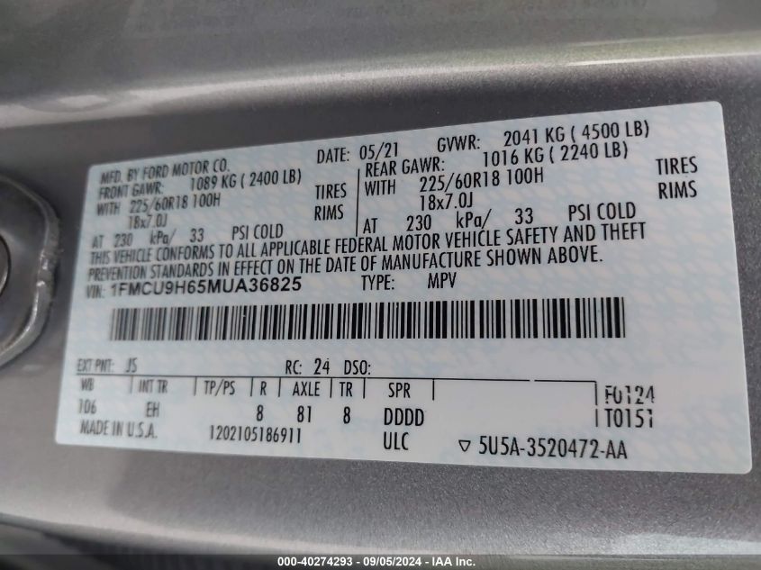 1FMCU9H65MUA36825 2021 Ford Escape Sel