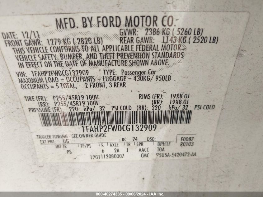 1FAHP2FW0CG132909 2012 Ford Taurus Limited