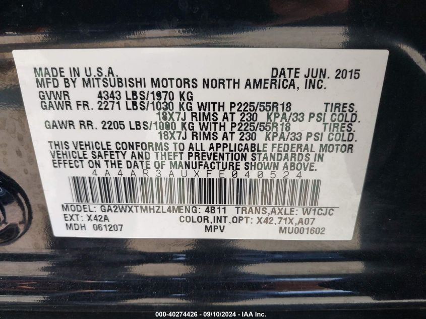 2015 Mitsubishi Outlander Sport Es VIN: 4A4AR3AUXFE040524 Lot: 40274426