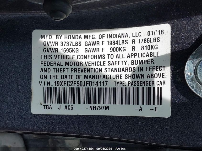 2018 Honda Civic Sedan Lx VIN: 19XFC2F50JE014117 Lot: 40274454