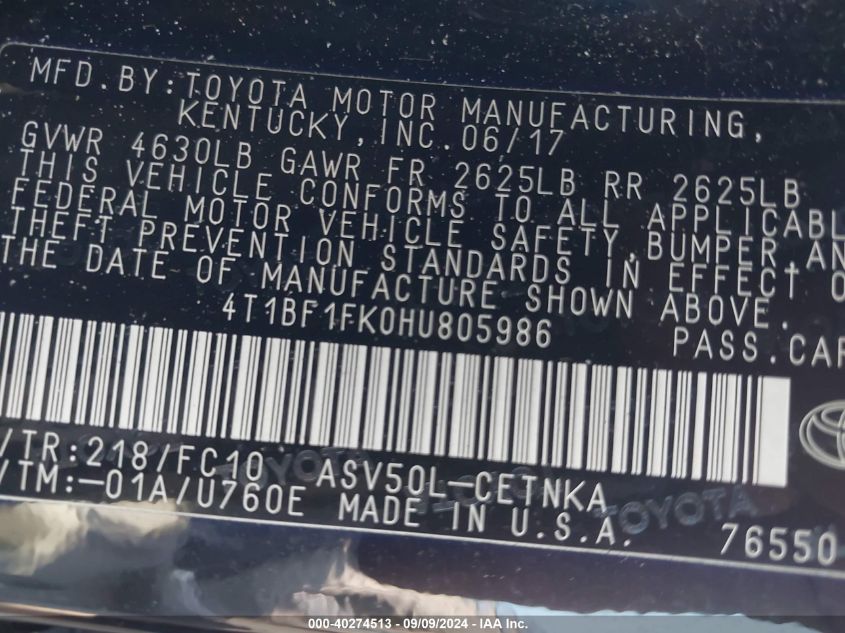 4T1BF1FK0HU805986 2017 Toyota Camry Le