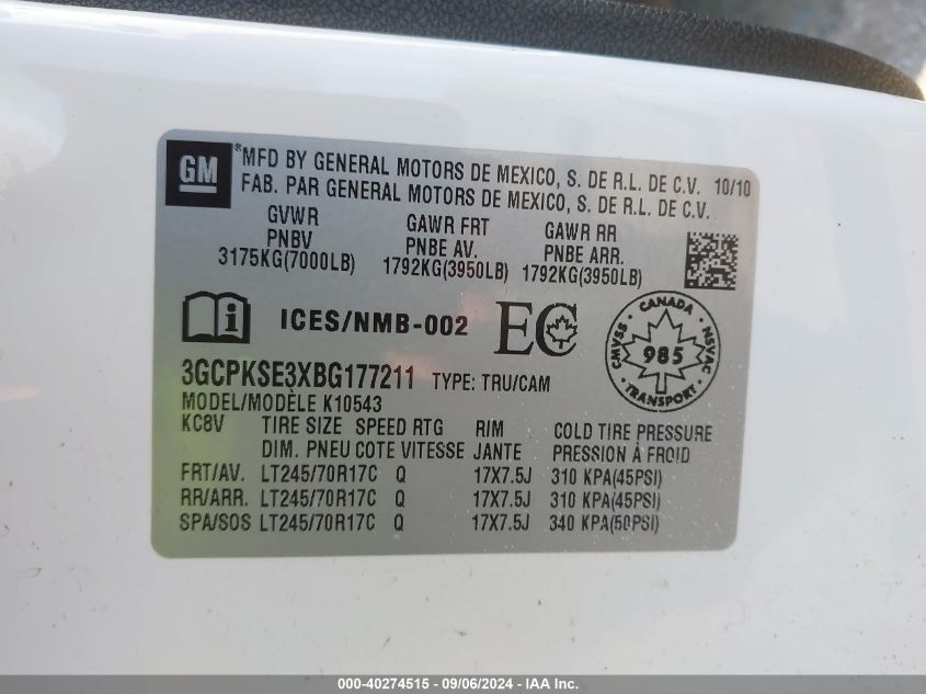 3GCPKSE3XBG177211 2011 Chevrolet Silverado 1500 Lt