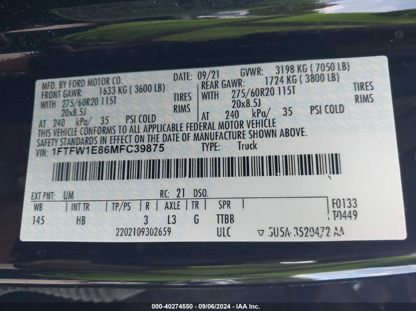 VIN 1FTFW1E86MFC39875 2021 FORD F-150 LARIAT