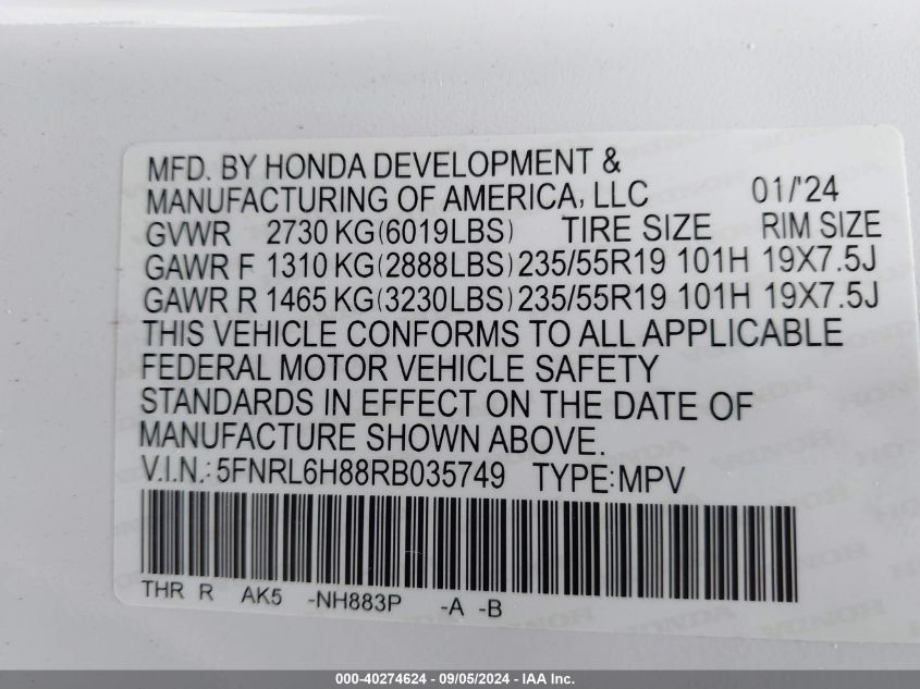 2024 Honda Odyssey Touring VIN: 5FNRL6H88RB035749 Lot: 40274624