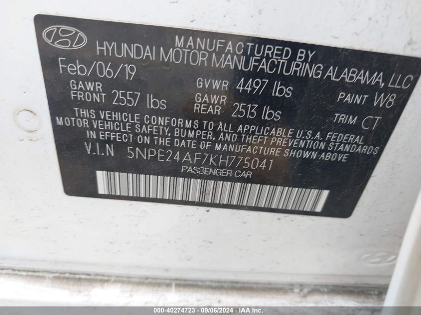 5NPE24AF7KH775041 2019 Hyundai Sonata Se