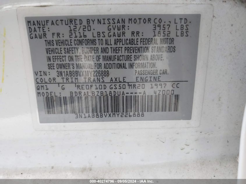 2021 Nissan Sentra S Xtronic Cvt VIN: 3N1AB8BVXMY226888 Lot: 40274796