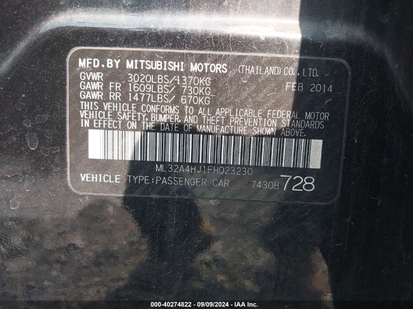 2014 Mitsubishi Mirage Es VIN: ML32A4HJ1EH023230 Lot: 40274822