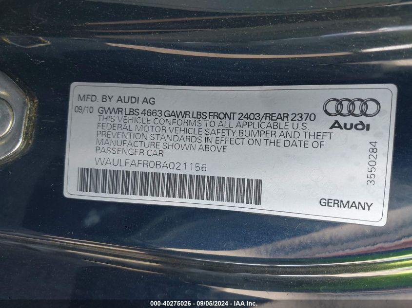 2011 Audi A5 2.0T Premium VIN: WAULFAFR0BA021156 Lot: 40275026